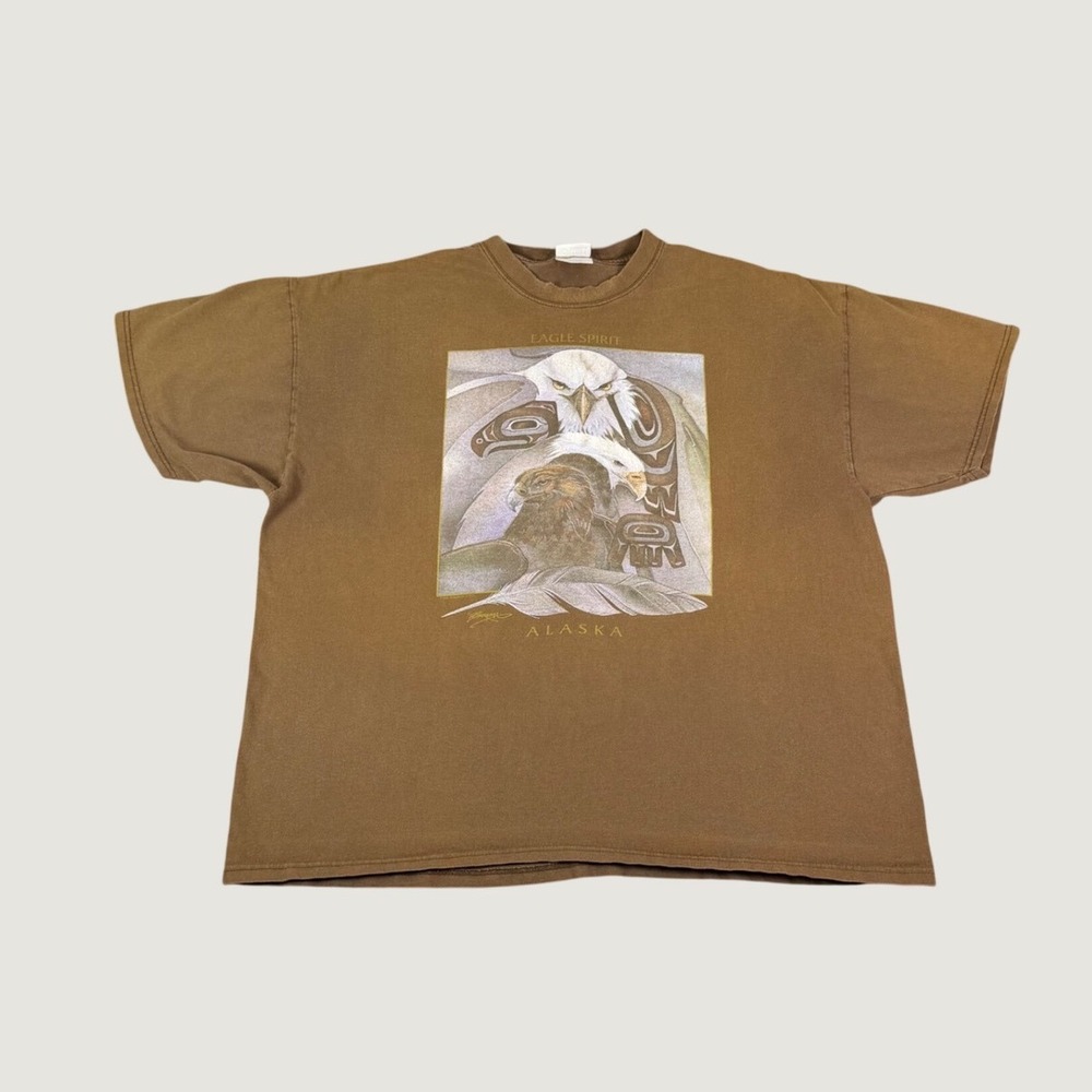 Port and Company Eagle Spirit Alaska Graphic T-Shirt Brown Mens 2XL 90s Vintage